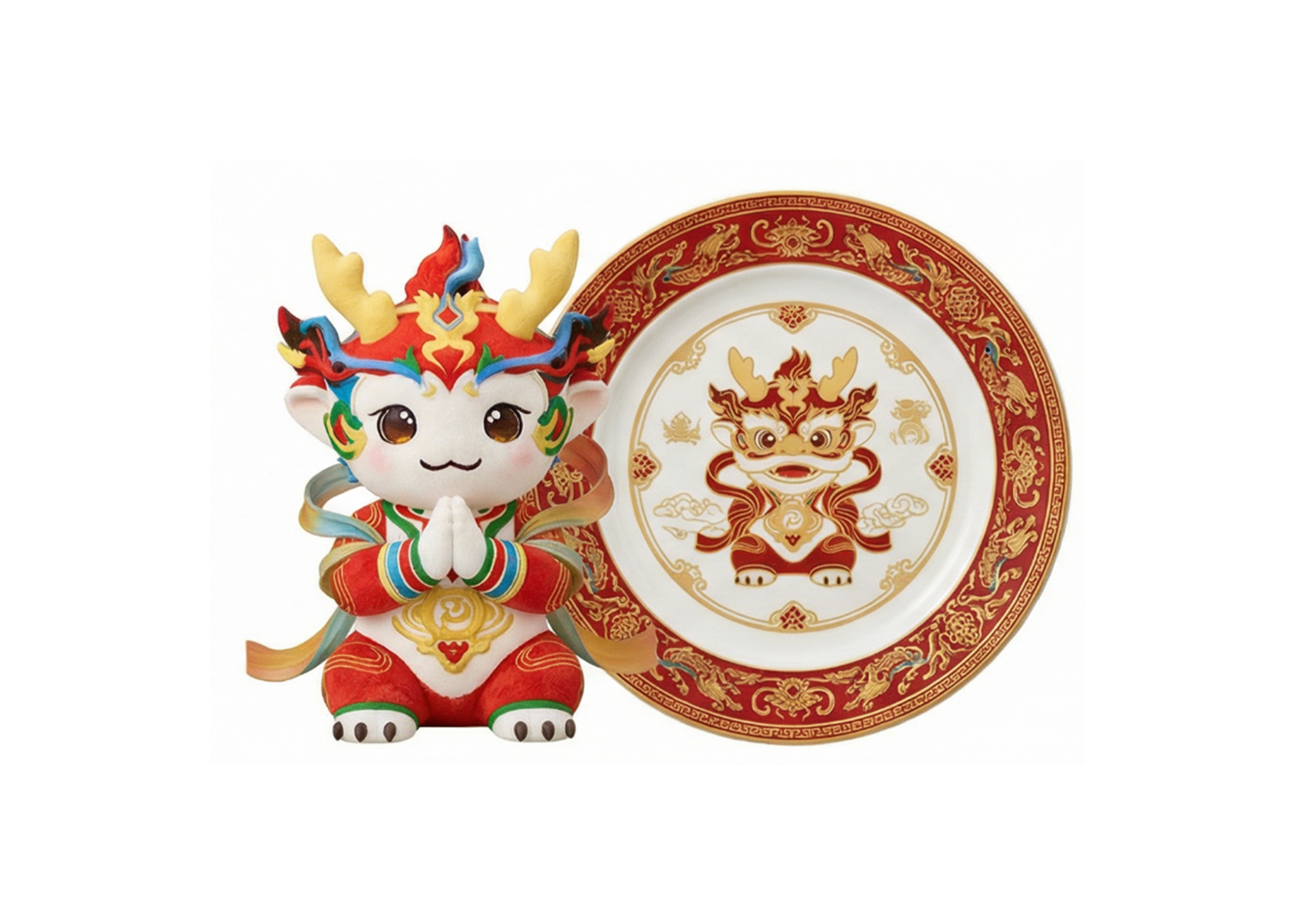 龙狮玩偶与祥瑞纪念瓷盘礼组